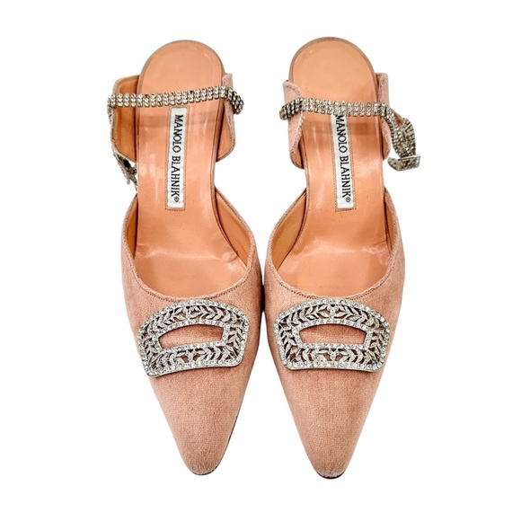 Manolo Blahnik RARE Blush Pink Velvet Pointed Toe Crystal Embellished Mules